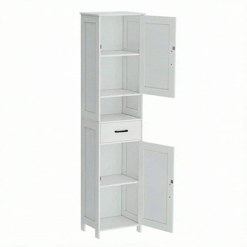 1-Piece Bath Accessory Set in White, Tall Narrow Storage Cabinet with Barn Doors, Drawer and Adjustable Shelves