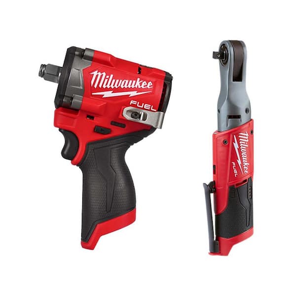 Milwaukee M12 FUEL 12V Lithium Ion Brushless Cordless Stubby 1 2 in. Impact Wrench with M12 FUEL 3 8 in. Ratchet 2 Tool 2563 20 2557 20 The Home Depot