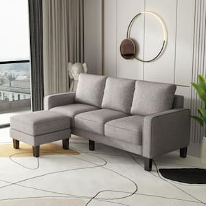 75 in. Square Arm Fabric Modern L-Shaped Sofa in Light Gray with Ottoman