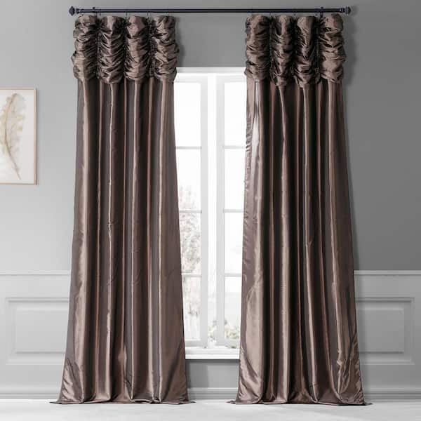 Exclusive Fabrics & Furnishings Mushroom Ruched Solid Faux Silk Room Darkening Curtain - 50 in. W x 120 in. L Single Window Panel