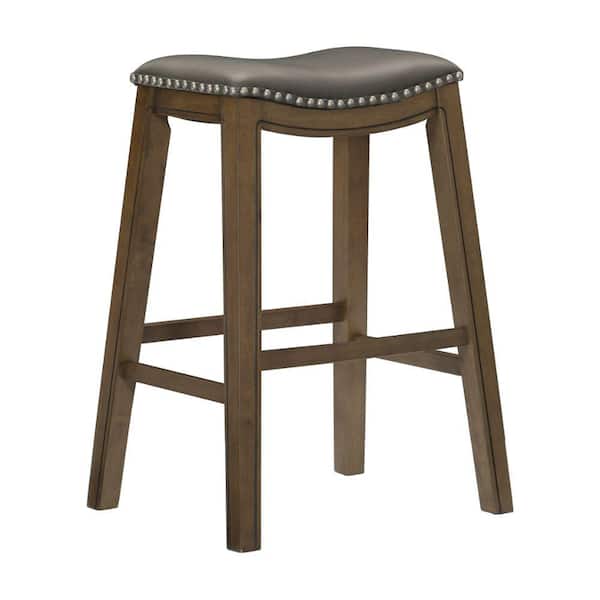 Benjara 30.5 in. Brown and Gray Backless Wooden Frame Bar Stool with Leather Seat
