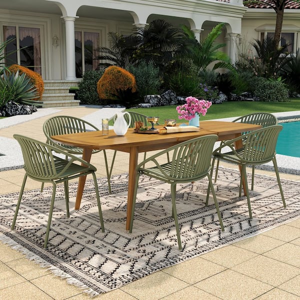 Pearl 7-Piece Polypropylene and Metal Outdoor Patio Dining Set with Wood Expandable Dining Table, Green+Teak Finish
