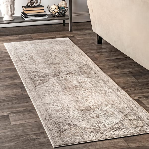 Ehtel Medallion Fringe Silver 3 ft. x 10 ft. Indoor Runner Rug