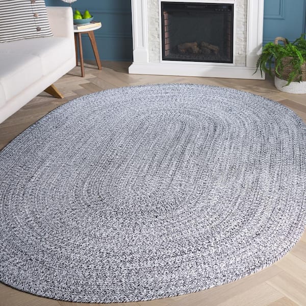 Braided Ivory Black 6 ft. x 9 ft. Solid Oval Area Rug