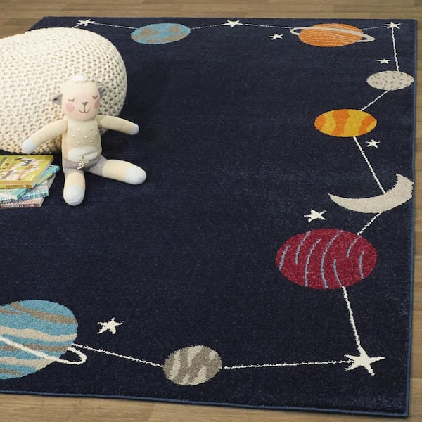 Planet Border Navy Blue 5 ft. 3 in. x 7 ft. Novelty Area Rug