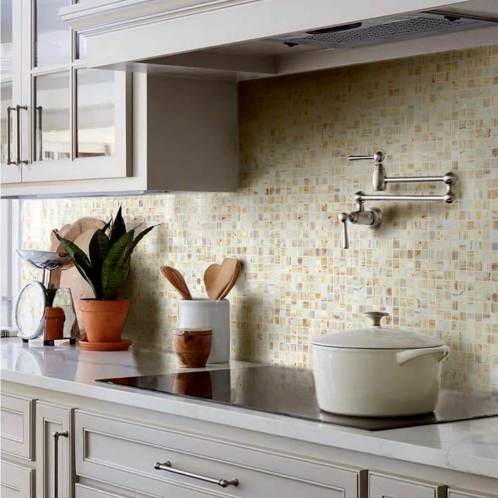 Celestial 12 in. x 12 in. Beige Iridescent Glass Mosaic Tile