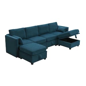 109 in. W 6-piece U Shaped Chenille Modular Sectional Sofa in Blue with Adjustable Armrests, Backrests and Storage Seats