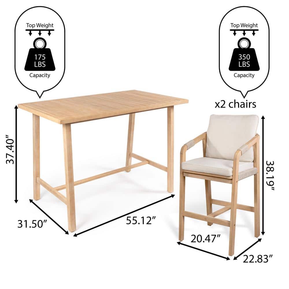 Porto 2-Person Beige and Light Teak Acacia Wood Bar Set