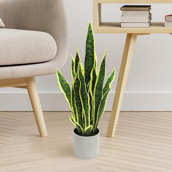 LIVING LUXURY 25 in. Green Yellow Sansevieria Artificial Snake Plant in Grey Pot