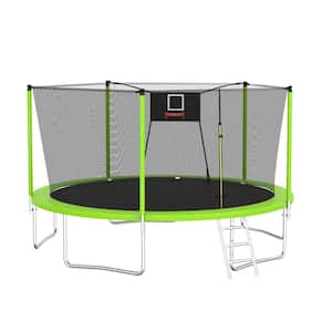14 ft. Outdoor Trampoline with Basketball Hoop, Enclosure Net and Ladder for Kids and Adults, Green