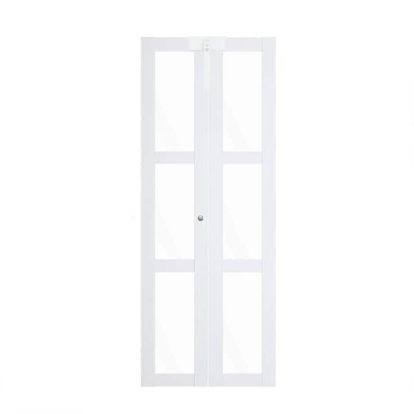 30 in. x 80 in. 3-Lite Clear Glass Solid Core White PVC Covering MDF Bi-fold Door with Door Lock and Handle