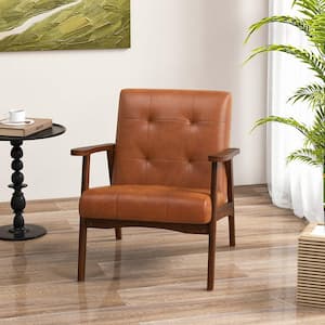 Mid Century Brown Accent Chair Tufted Reading Armchair Solid Rubber Wood