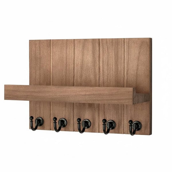 10 in. W x 3.54 in. D Brown Wood Decorative Wall Shelf Mail Organizer Wall Mount with 5 Key Hooks