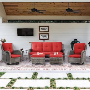6-Piece Wicker Outdoor Patio Conversation Set Sectional Sofa with Swivel Rocking Chair, Ottomans and Red Cushions