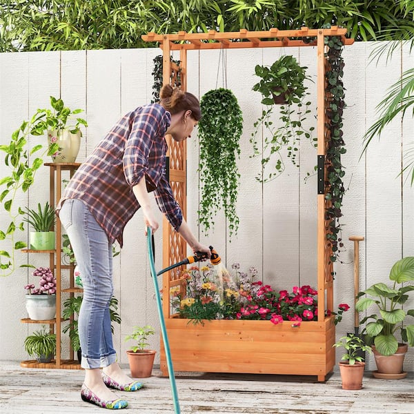 HONEY JOY Orange Wood Outdoor Raised Garden Bed with Trellis with