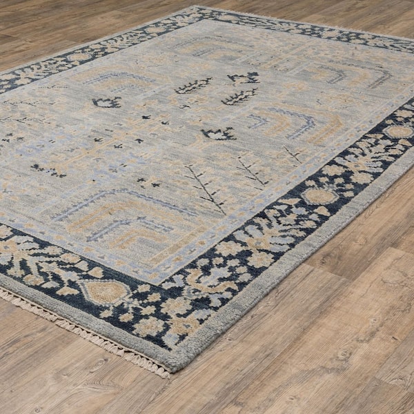 Majestic Gray/Blue 9 ft. x 12 ft. Floral Botanical Hand-Knotted Wool Fringed-Edge Indoor Area Rug