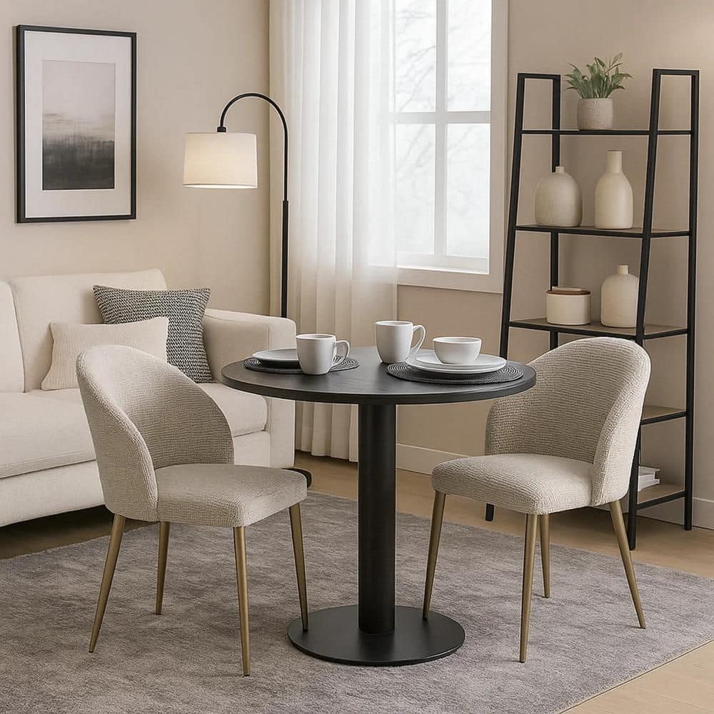 Benjara Geru Light Gray and Gold Fabric Curved Back Dining Side