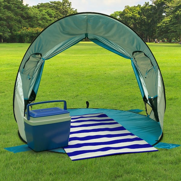 Wakeman Outdoors Pop Up Beach Tent with UV Protection and Ventilation Windows Water and Wind Resistant Double-Door Sun Shelter (Blue) - The Home Depot