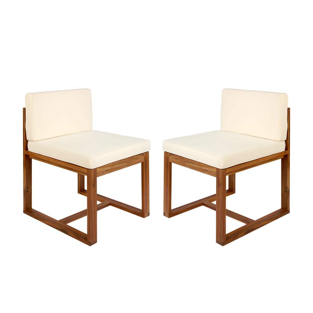 Brown Wood Outdoor Patio Dining Chair with Beige Cushion (2-Pack)