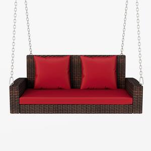 2-Person Wicker Hanging Porch Swing with Chains, Pillow, Rattan Swing Bench for Garden, Brown Wicker, Red Cushion