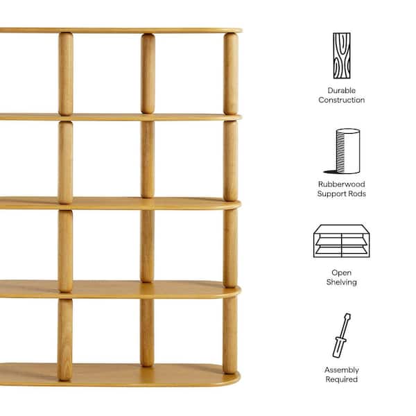 Arcus 60 in. Tall 4-Tier Rounded Wood Bookshelf in Oak-Modern Oval Bookcase with Solid Wood Rods and Open Shelf Storage