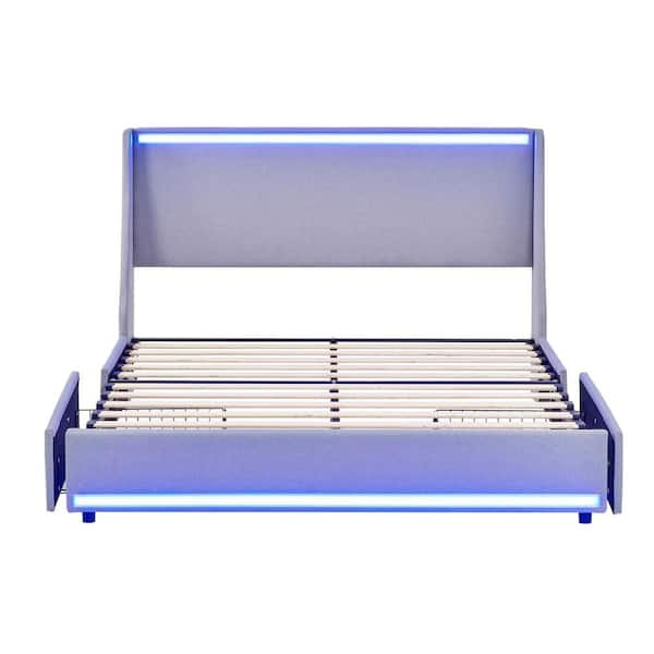 Bed Frame with RGB LED Lights Gray Metal Frame Full Platform Bed with Storage Drawers, USB Ports & Upholstered Headboard