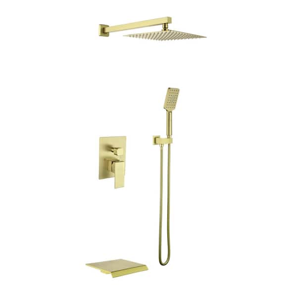 Tomfaucet 3-Spray Patterns 10 in. Wall Mount Dual Shower Heads Shower System with Tub Spout in Brushed Gold
