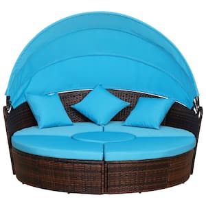 Adjustable Blue Rattan Wicker Outdoor Patio Furniture Set Loveseat with Blue Cushions