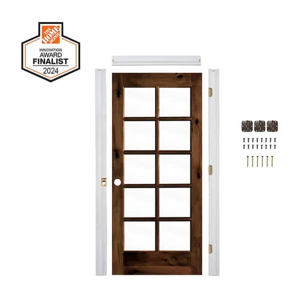 DIY 24in.x80in. Right-Hand 10-Lite ClearGlass RedMahogany Stain AlderWood Single Interior Door Kit w/Quick Assemble Jamb