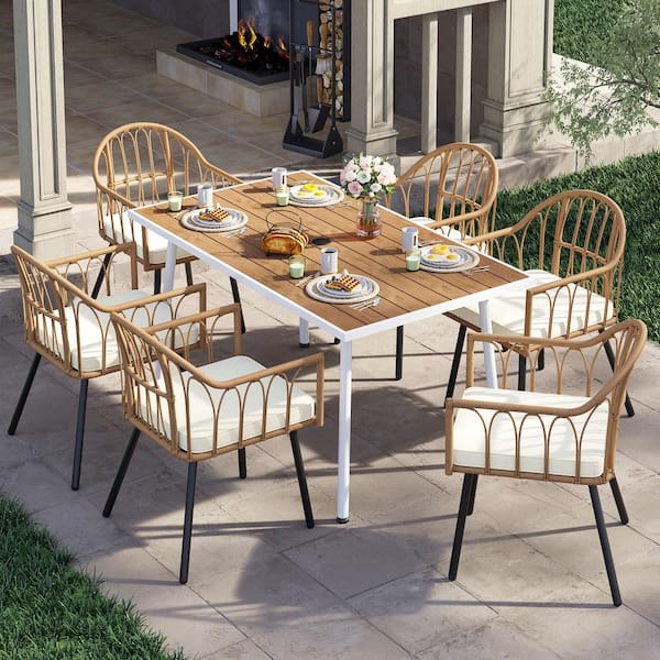 DEXTRUS 7-Piece Wicker Outdoor Dining Set with Rectangular Dining Table and 6 Yellow Rattan Dining Chairs with Beige Cushions
