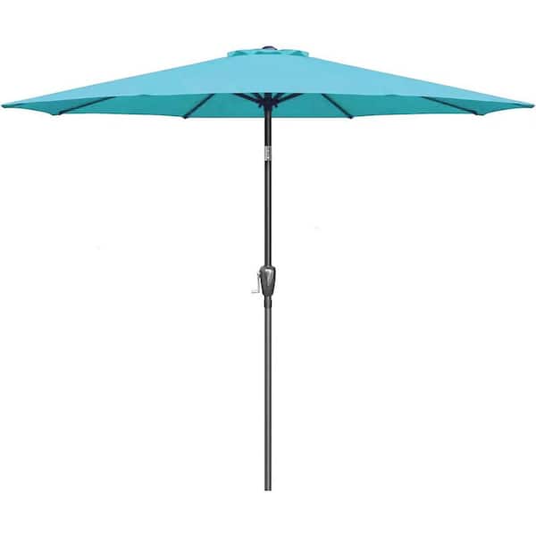 Unbranded 9 ft. Stainless Steel Crank Market Patio Umbrella in Turquoise with Button Tilt and 8 Sturdy Ribs