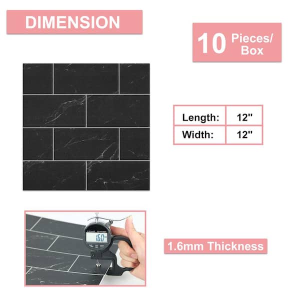 Black 12 in. x 12 in. Vinyl Peel and Stick Backsplash Tile for Kitchen and Bathroom, 10-Pack (Covers 10 sq. ft.)