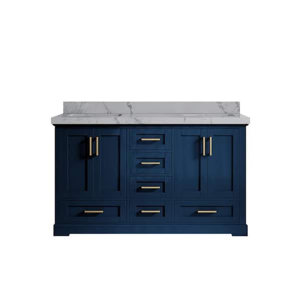 Willow Collections Boston 60 in. W x 22 in. D x 36 in. H Double Sink Bath Vanity in Navy Blue with 2 in. Venatino Qt. Top