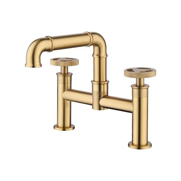 FLG Double Handle Bridge Bathroom Faucet 2 Holes Modern Brass Deck Mouned Bathroom Sink Basin Faucet in Brushed Gold