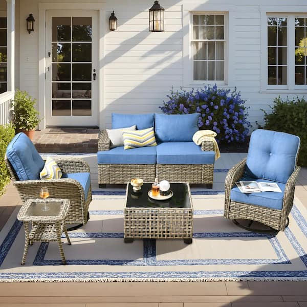 XIZZI Aimee 6-Piece Wicker Patio Conversation Seating Sofa Set with Blue Cushions and Swivel Rocking Chairs