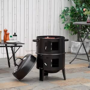 3-in-1 16 in. Round Charcoal Barbecue Grill in Black with 2 Cooking Area and Thermometer for Outdoor Camping Cooking