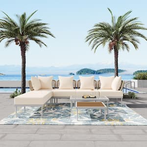 8-Piece Metal Outdoor Sectional Sofa Set with Tempered Glass Coffee Table, Wooden Coffee Table and Beige Cushions