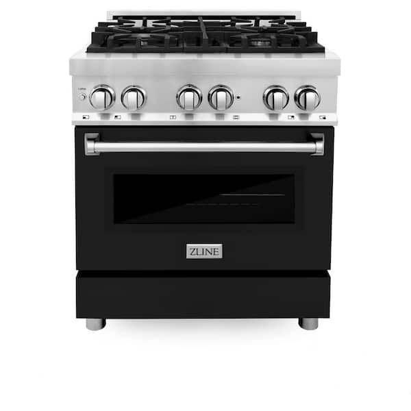 30 in. 4 Burner Dual Fuel Range with Black Matte Door in Stainless Steel