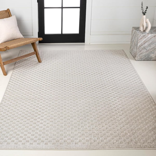 Finn High-Low Modern Minimalist Checkered Monotone Ivory/Cream 8 ft. x 10 ft. Indoor/Outdoor Area Rug