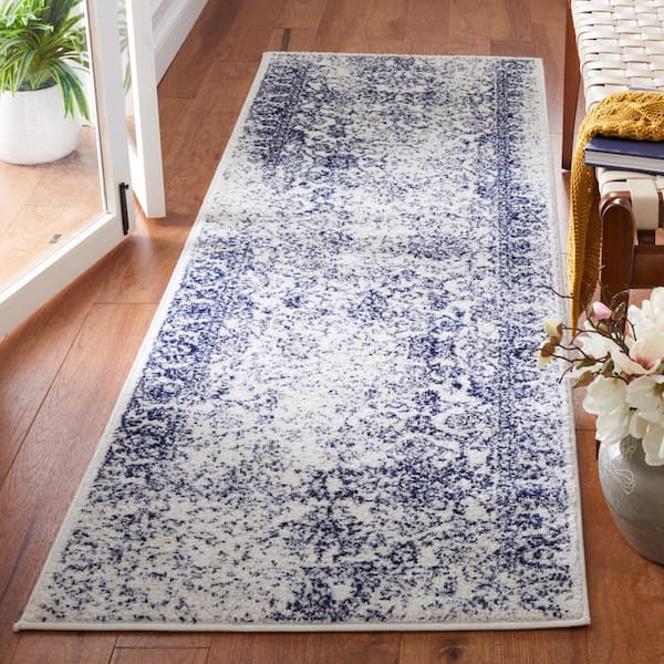 Adirondack Ivory/Navy 3 ft. x 14 ft. Border Distressed Runner Rug