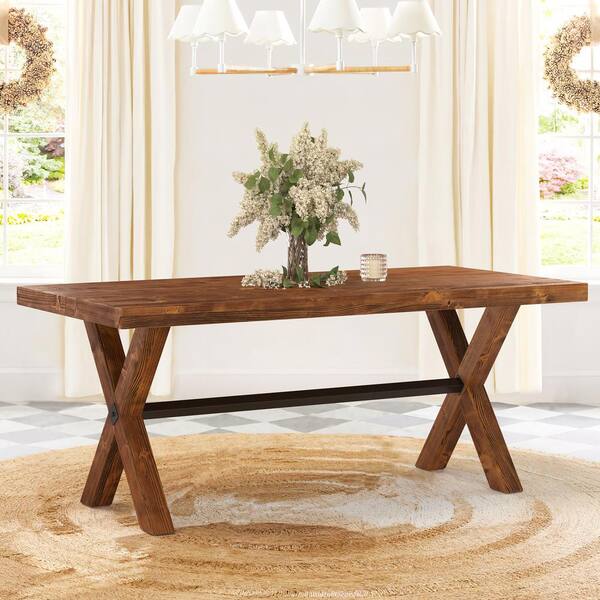 LUE BONA Light Brown Solid Wood Rectangle XFrame Dining Table (70.87
