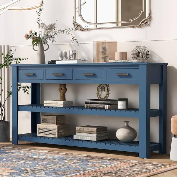 Harper & Bright Designs 62.2 in. Navy Blue Rectangle MDF Stylish Entryway Console Table with 4 Drawers and 2 Shelves