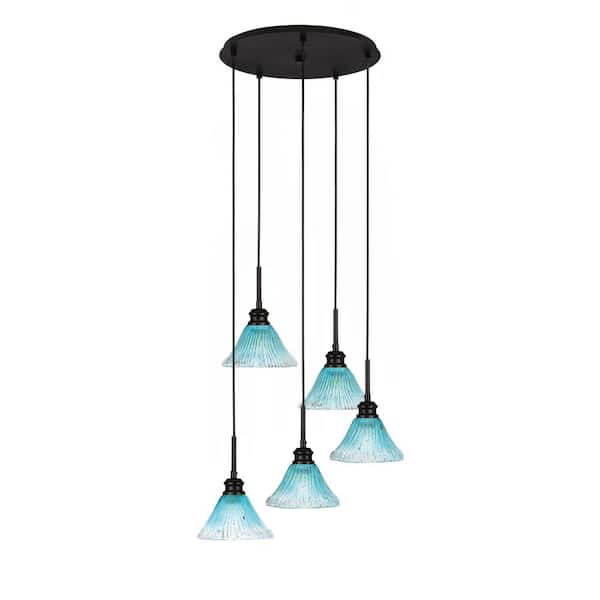 Unbranded Albany 60-Watt 20.25 in. 5-Light Espresso Cord Pendant Light Teal Crystal Glass Shade No Bulbs included