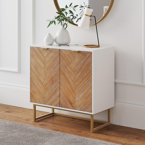 Nathan James Enloe White Frame with Brown Rustic Doors and Gold Base Free Standing Modern Storage Cabinet for Entryway or Living Room
