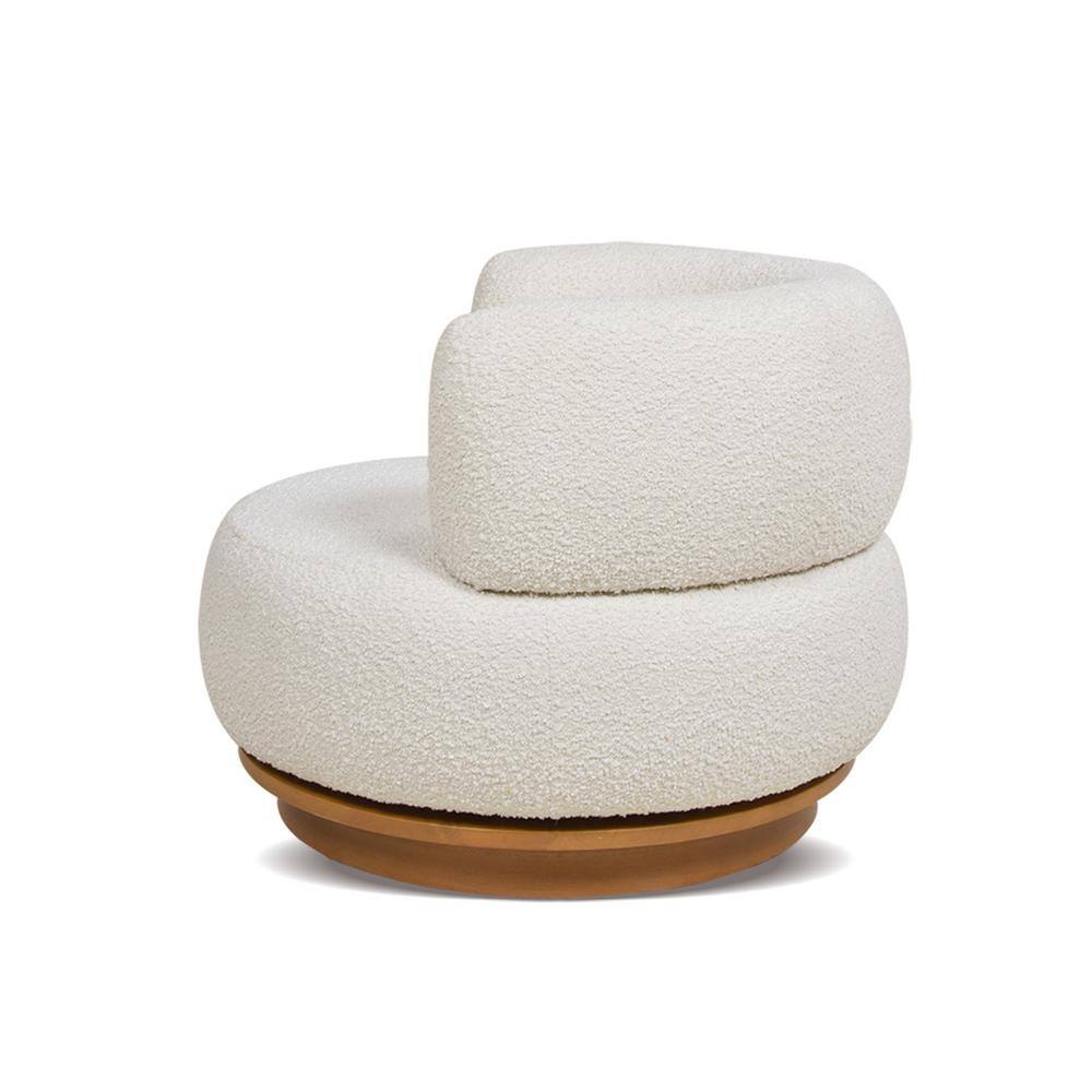 Ivory White Boucle Swivel Barrel Accent Chair with Wood Base