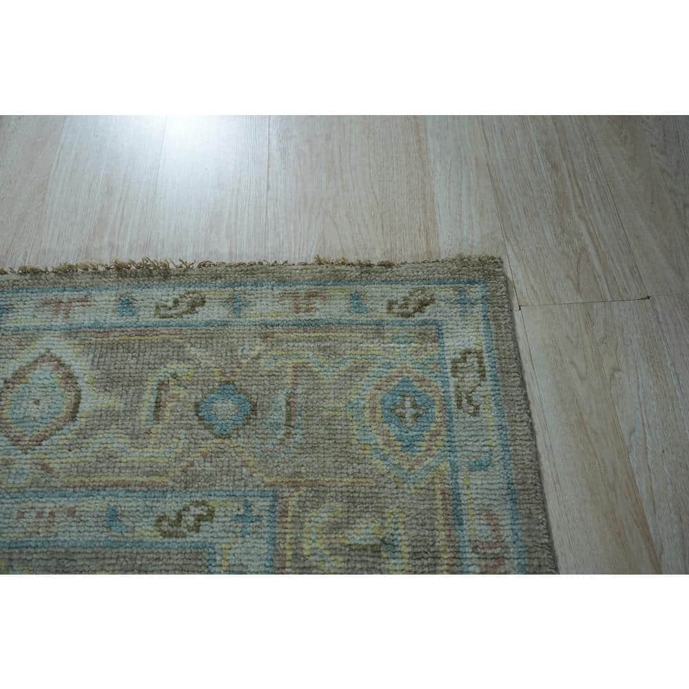 Gray and Blue Hand-Knotted Wool Square Rug