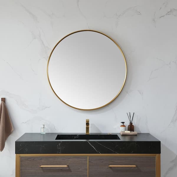 ROSWELL Cascante 35.4 in. W x 35.4 in. H Metal Framed Round Bathroom Vanity Mirror in Gold