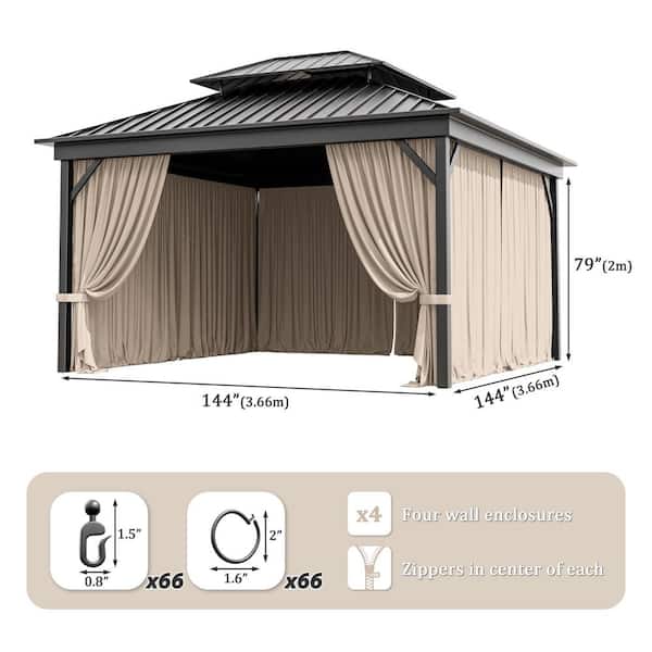 12 ft. x 12 ft. Universal Outdoor Privacy Curtains, Gazebo Replacement with Zipper Khaki (4-Side Curtain Only)