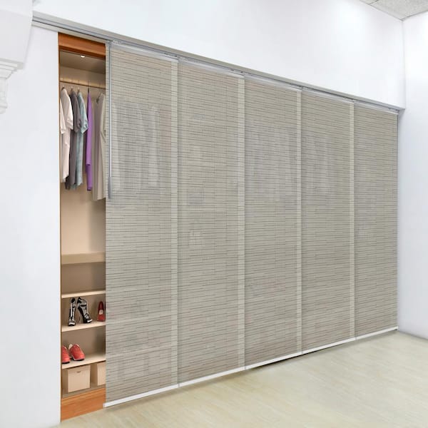 EMOH Ornate Ash 58 in. - 110 in. W x 94 in. L Adjustable 5-Panel in Satin Nickel Single Rail Panel Track with 23.5 in. Slates