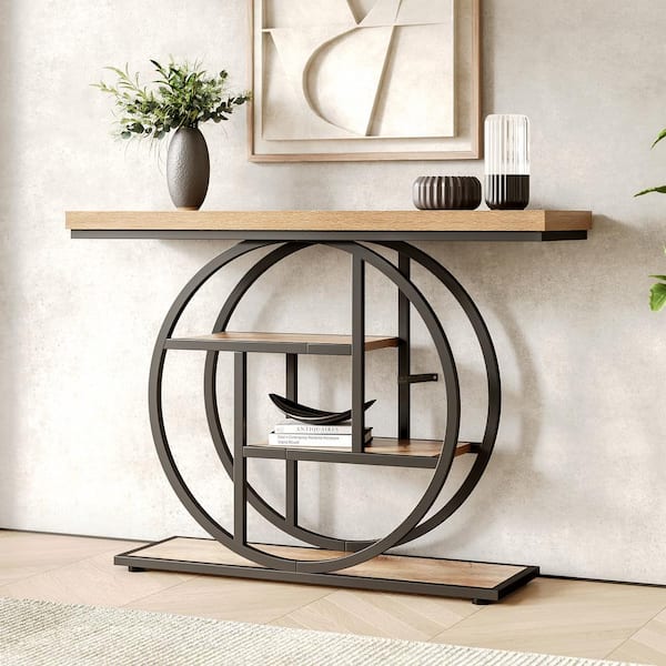 BYBLIGHT Turrella 41.3 in. Oak Rectangle Wood Console Table with Storage Shelves